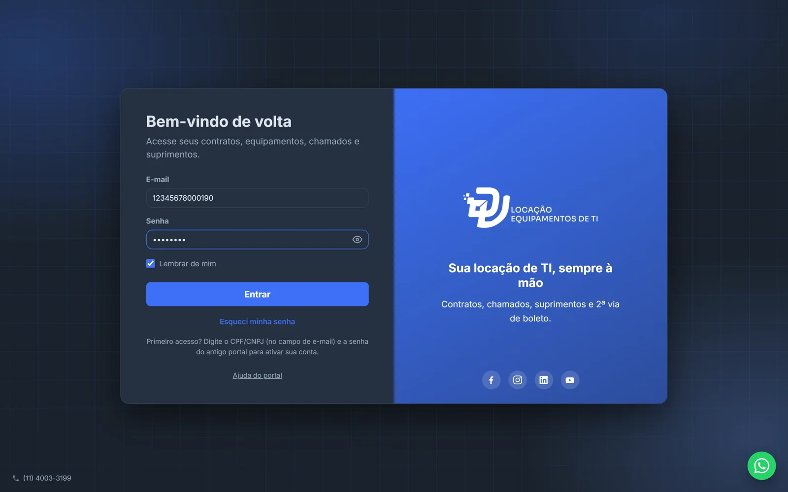 Tela de entrada do novo portal com o usuário no campo de e-mail